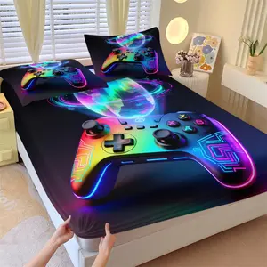 3-Piece Bedding Set – Cyber Game Controller Themed Fitted Sheet Set with 2 Pillowcases, Dust-Proof & Non-Slip Mattress Protector, Soft & Breathable Deep-Pocket Bedding for Bedroom & Dorm