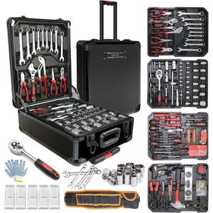 799pcs Aluminum Trolley Case Tool Set Silver, House Repair Kit Set, Household Hand Tool Set, with Tool Belt,Gift on Father's Day (Black)