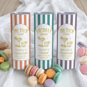 Bojjico Personalized Bachelorette and Birthday Party Skinny Tumbler with Lid for Women Bridesmaids Friends Preppy Retro Striped Aesthetic Stainless Steel Cup Pastel Teal Purple Orange Birthday Trip Tumbler Girls Weekend Custom Name Travel Drinkware