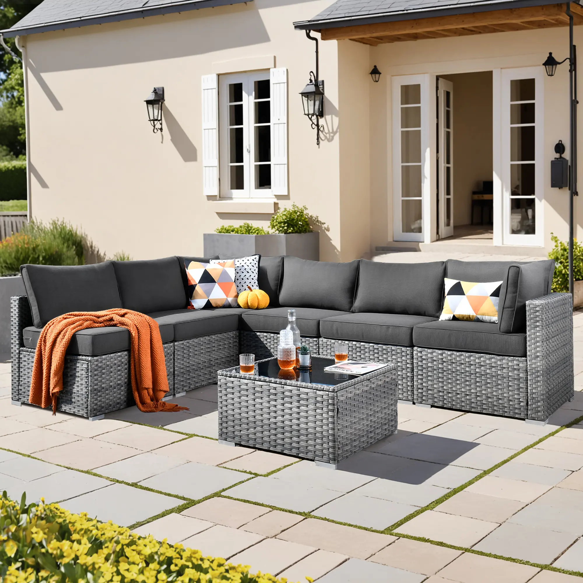 XIZZI 7 Pieces Outdoor Patio Furniture Sets, All-Weather Sectional Sofa Grey PE Rattan Wicker Conversation Set with Glass Table and Washable Grey Cushions for Backyard, Garden, Porch