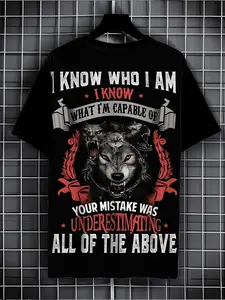 Men'S Cartoon Wolf T-Shirt, Casual Crew Neck Short Sleeve Tee, 100% Cotton Fabric, Slight Stretch, Summer Fashion Top, Regular Fit