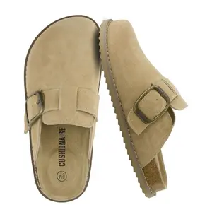 CUSHIONAIRE Blain Genuine Suede Clogs for Women | Slip-On Mules with Memory Foam & Oversized Buckle | Non-Slip Comfort Clogs Biscuit Suede 7