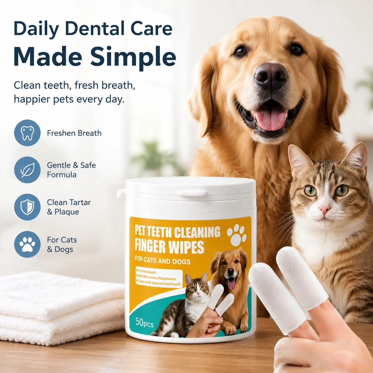 Dog & Cat Dental Finger Wipes, No-Rinse Pet Teeth Cleaning Wipes, Soft Finger Toothbrush for Daily Oral Care, Helps Remove Plaque & Food Residue, Fresh Breath Cleaner for Dogs Cats, 50 Count