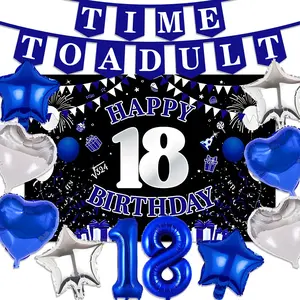 18th Birthday Decorations for Boys & Girls, Blue Theme, Happy 18th Birthday Party Supplies, Foil Balloon Set, Backdrop Included