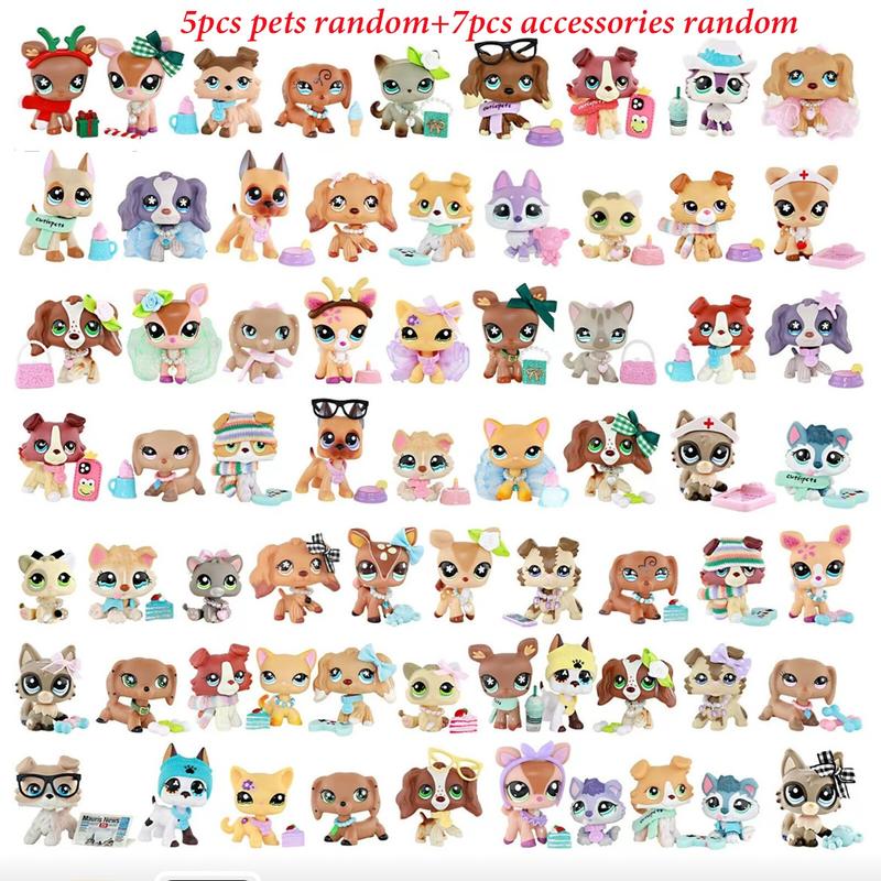 5PCS Random Miniature Cat and Dog Figures and Random 7pcs Accessories for LPS Collection Collectible Soft Animal Cute Animal Design