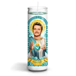 Saint Pedro Pascal Celebrity Prayer Candle: Non Scented | 8 inch Glass Prayer Votive - 100% Handmade in USA | Funny Gift Idea