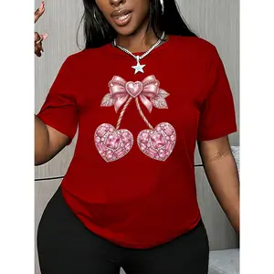 Women's short-sleeve top with pink diamond heart, cherry, and bow designs, featuring a light luxury and sweet Valentine's Day theme print, round neck, machine washable, comfortable, soft, and breathable, suitable for spring, summer, and autumn