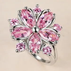 Pink Crystal Flower Ring for Women – Elegant Floral Statement Jewelry