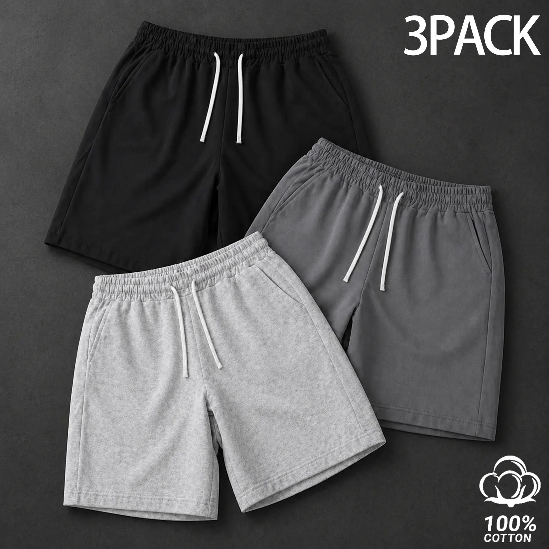 Men's 3-Pack Sweat Shorts, Stylish Solid Breathable Cotton Fabric for Casual Summer Lounging with Pockets and Drawstring, Soft, Preppy, Side Pocket, 100% Cotton