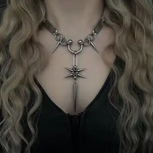 Unisex Gothic Spiked Star Tassel Pendant Choker, Industrial Rivet Link Heavy Metal Statement Neck Costume Jewelry