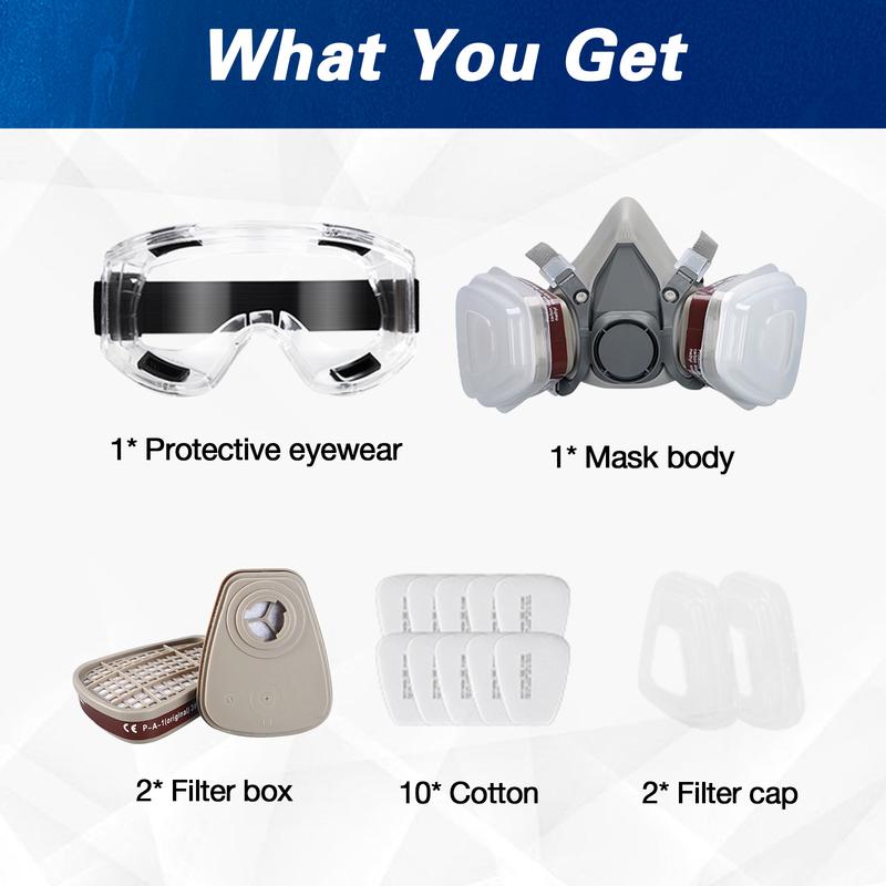 Dust-Proof Integrated Respirator & Half Face Mask Reusable with Safety Goggles , 15-in-1/11-in-1 Dual Filter Cartridge (Anti-Dust/Chemical/Pesticide) | For Spray Painting, Cutting,Carpentry, Anti-Chemical,Grinding,DIY Security Protection