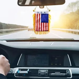 2 Pcs Double-Sided Mini USA Flags with Tassels 3x4 Inch Polyester Car Mirror Decor with Suction Cups Hangable Ornaments for Hanging