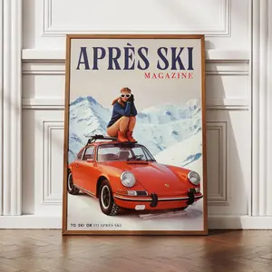 [SALE UP TO 50% - UNFRAMED] Retro Après Ski Wall Art PNG, Vintage Winter Magazine Cover Retro Car Print, Funky Skiing Poster, Cozy Snow Lodge Decor