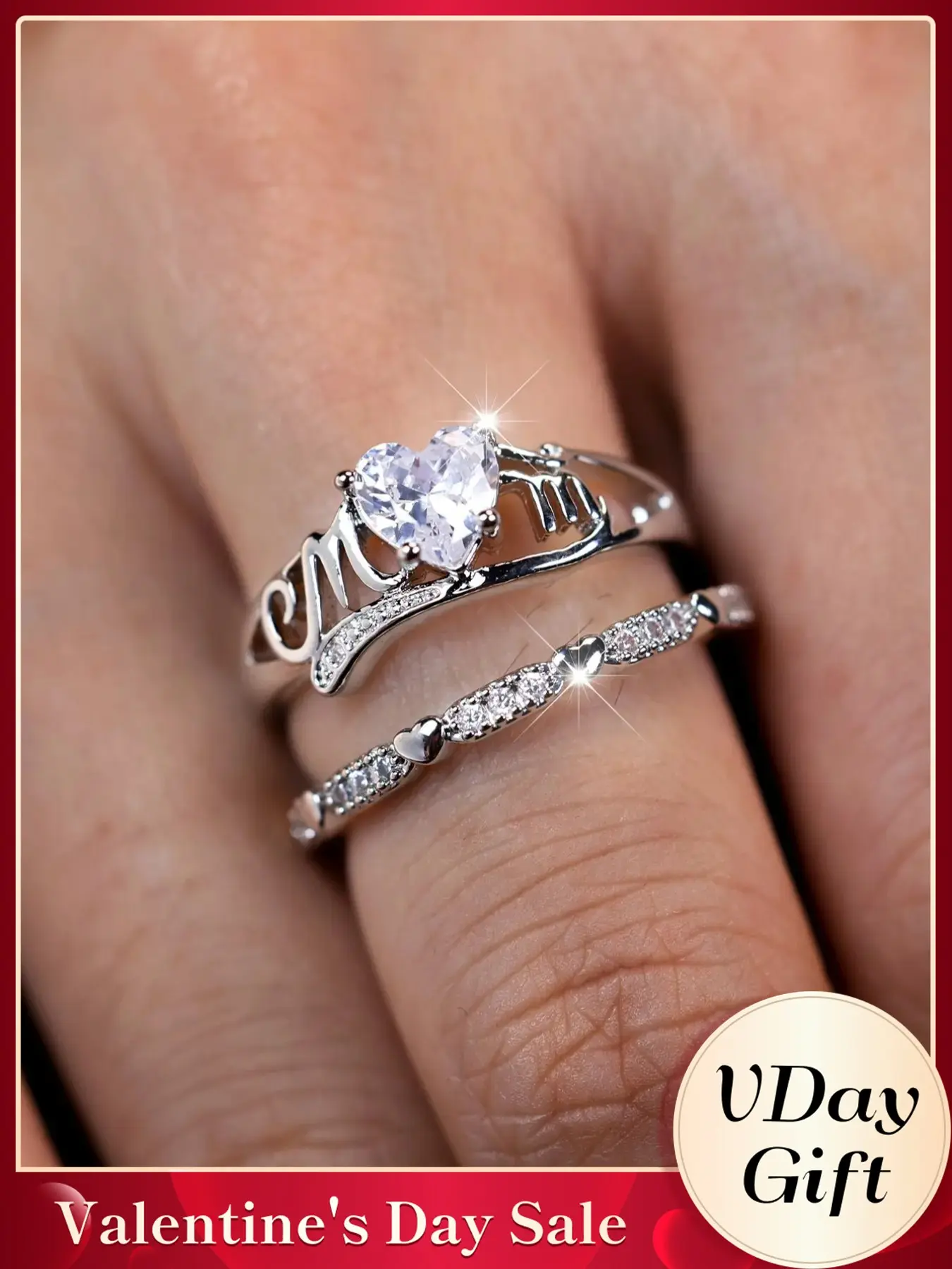 Mother's Day Gift Heart & Letter Decor Hollow Out Design Ring, with Rhinestone Decor Ring for Women, Beautiful Rings, Fashion Heart Rings, Fashion Jewelry for Party, Daily, Heart Shaped Ring
