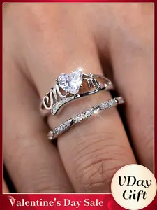 Mother's Day Gift Heart & Letter Decor Hollow Out Design Ring, with Rhinestone Decor Ring for Women, Fashion Heart Rings, Fashion Jewelry for Party, Daily