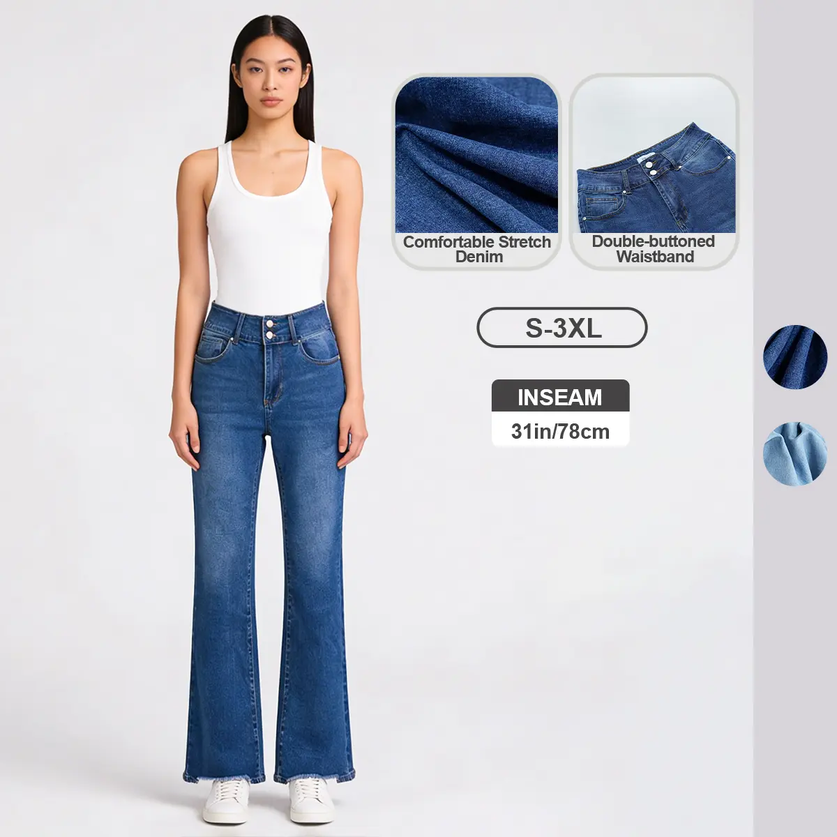 Women's Pwest NYC Vintage Double Button Frayed Hem Bootcut Jeans - Comfortable Stretch Cotton Blend Denim Bottoms, Functional Pockets, Curvy-Flattering Streetwear Casual Sports & Outdoor Pants, Back to School