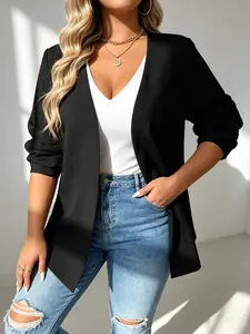 Plus Size Commuter Casual Blazer Jacket, Slim Fit Waist Long Sleeve Open Front Top, Stylish No Collar Cardigan for Daily Wear