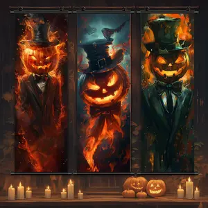 Halloween Hanging Banner, 3 Counts/set Creepy Burning Pumpkin Head Poster, Halloween Decorations, Horror Poster for Party Living Room Home Dormitory Dining Room School Festival