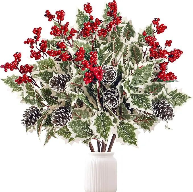 6 Pack Artificial Christmas Flowers with Holly Berries Pine Cones Green Leaves Christmas Branches Artificial Flower Stems Bouquets for Floral Arrangement Home Vase Xmas Holiday Season Decor