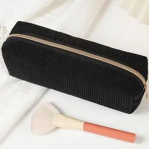 Simple Velvet Makeup Pouch, Durable Cylindrical Cosmetic & Stationery Organizer, Zipper, Large Capacity, Portable Travel Bag