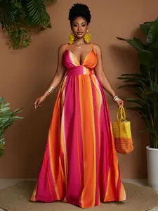 Plus Size Boho Dress, Colorblock Striped V Neck Halter Dress, Fitted Waist a Line, Summer Beach Party Casual Wear