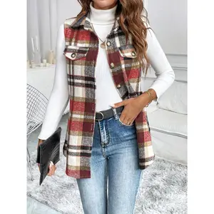 Women'S Plaid Sleeveless Vest - Casual Button-Up Front, Loose Fit, Long Sleeve, Solid Color, Fall/Winter Fashion, Casual Outerwear, Casual Attire, Stylish Layering, Buttonup Front