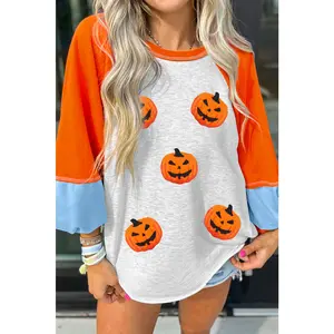 Chenille Halloween Pumpkin Patched Patchwork Long Sleeve Top