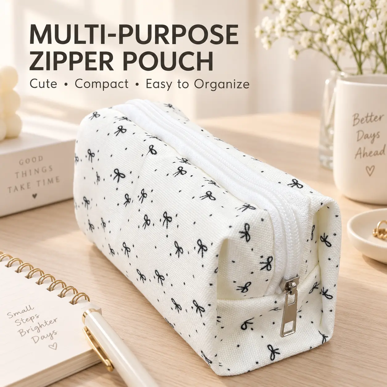 Multi-Purpose Small Organizer Bag, 6.30 x 2.36 x 3.35 in, Cute Bow Print Zipper Pouch,Washable Portable Storage Case for Stationery, Cables, Beauty Essentials, School, Office & Travel