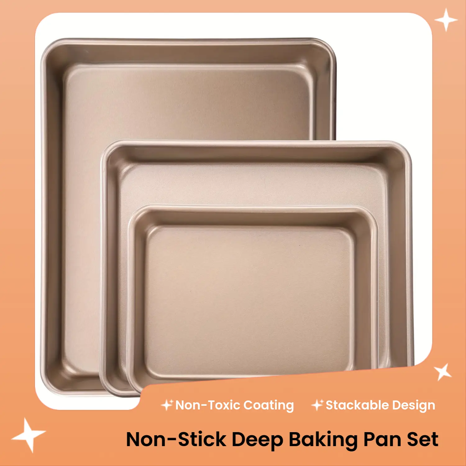 3-Pack Non-Stick Deep Flexible Carbon Steel Baking Tins Set - Oven-Safe Bakery Style Square & Rectangular Bakeware for Home Cooks, Non-Toxic Durable Tools, Ideal for Sheet Cakes, Stackable & Easy to Clean, Bakery Style Square & Rectangular Tins