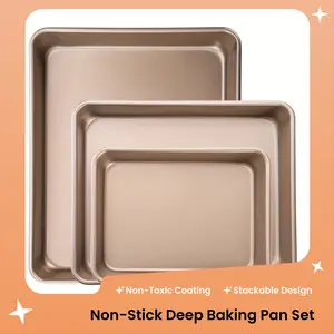 3-Pack Non-Stick Deep Baking Pan Bakeware Set, Heavy Carbon Steel Construction, Non-Toxic & Durable, Ideal for Sheet Cakes & Pan Dinners, Stackable & Easy to Clean