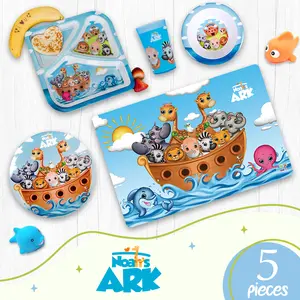 Christian Toddler Plate and Bowl Set Noah's Ark with Placemat and Cup - 5 Pieces