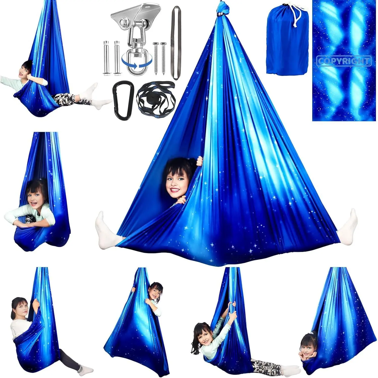 Double Layer Sensory Swing for  & Adults Holds up to 300lbs Indoor and Outdoor  Cuddle Swing with 360? Swivel Hanger Kit Adjustable Swing with Aspergers   (Star Blue)