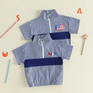 Boys Fourth of July Tops Short Sleeve Flag Embroidery Zipper Jacket Collared Shirt for Toddlers