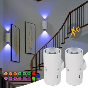 2PCS Smart Motion Sensor LED Night Light RGB Wall Sconce USB Rechargeable Indoor Ambiant Lighting Magnetic Step Lights for Stairs Wardrobe Entryway Bedside Desk Hallway Bedroom Home Essential Decorative Atmosphere Lamp No Drilling