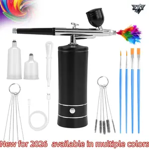 Wireless Airbrush Kit with Air Compressor & Nail Charms, Air Brush for Barber, Nail Art, Makeup, Model Painting (Black)