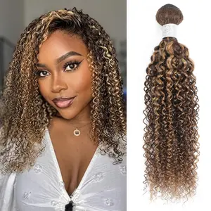 ALHER Honey Blonde Highlight #P4/27 Kinky Curly Single Bundle, 12A 100% Unprocessed Brazilian Human Hair Weft Extensions for Black Women #Summervibes