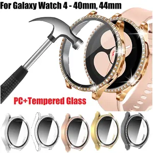 Glass+Case for Samsung Galaxy watch 4 5 6 7 44mm 40mm Accessories Bling Diamond PC bumper Shell +Screen protector Galaxy watch FE cover