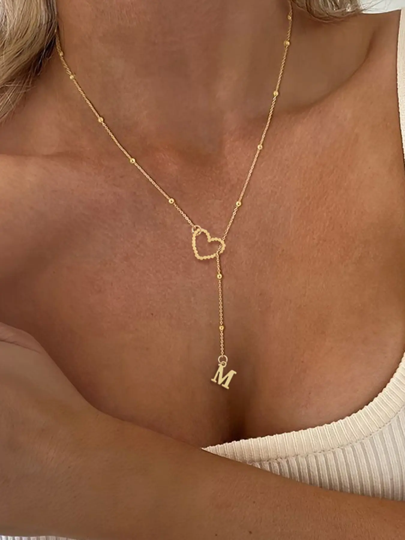 Women's Elegant Stainless Steel Beaded Necklace, Initial Heart Pendant Design, Simple Fashion Jewelry for All Seasons, Perfect Gift Choice