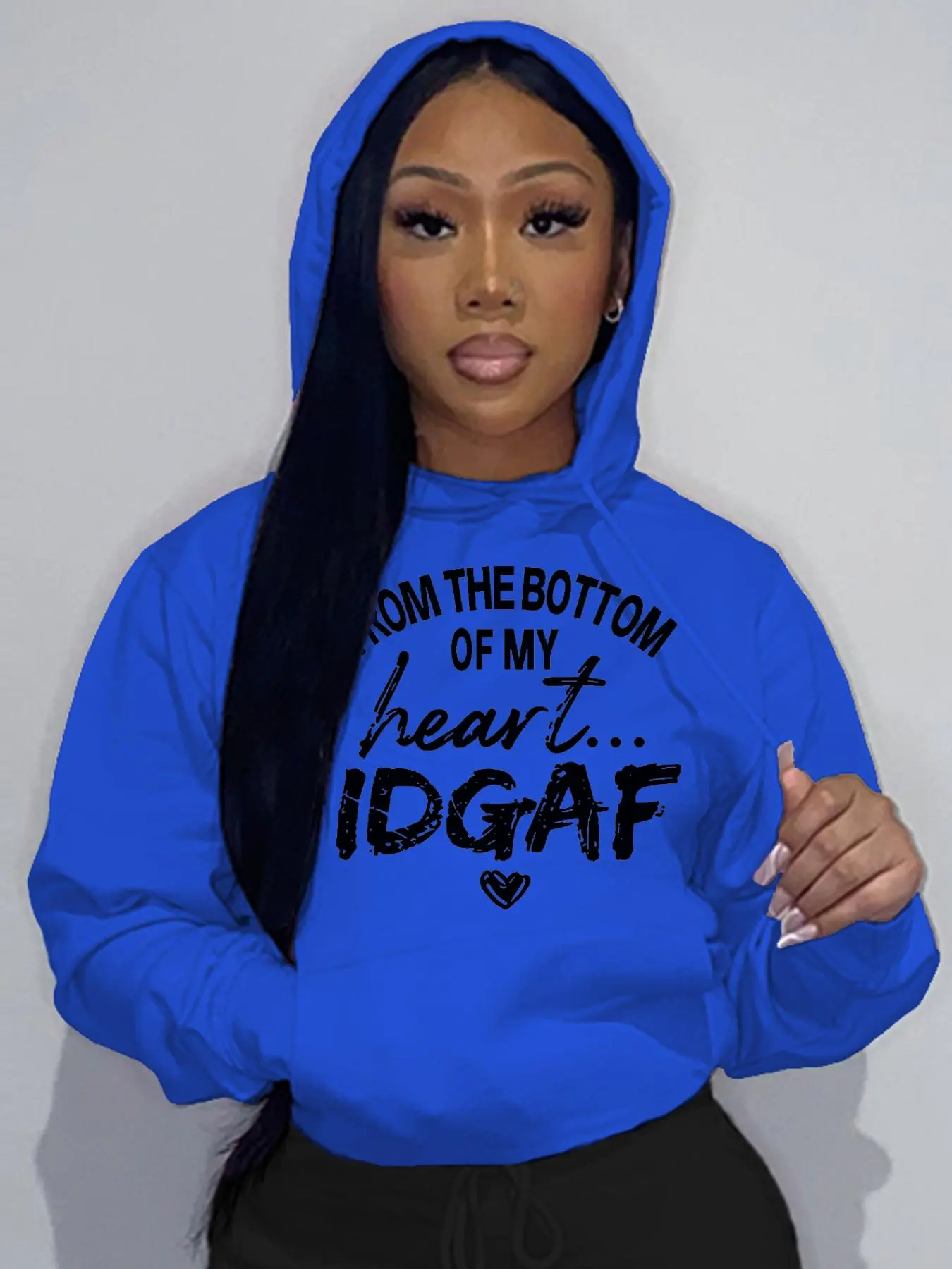 Women's Letter & Heart Print Drawstring Pocket Graphic Hoodie, Casual Fitted Pullover Tops, Casual Long Sleeve Hooded Sweatshirt for Daily Wear, Ladies Clothes for All Seasons, Casual Pullover Hoodies