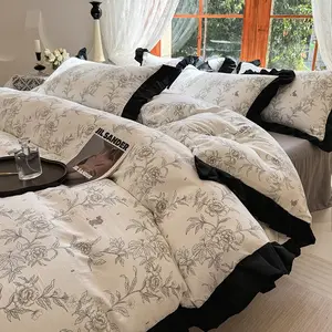 3Pcs Girls Room Bedding Set, Includes 1Pc Duvet Cover & 2Pcs Pillowcases, Black color French Style Bow Ruffles with Zipper, Soft Comfortable All-Season Use, Soft Bedding Sets