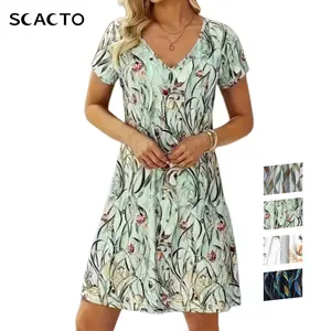 Scacto Women's Casual Resort Polyester Dress, V-Neck Leaf Print Shortsleeve, Loose A-Line Knee-Length Multicolor Summer Casual Wear Fabric Dress