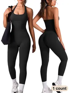 Workout Sets for Women 2 Piece, Athletic Workout Clothing, Halter Tank Top Built in Removable Sports Bra Pad + Impact Scrunched Butt-Lifting Seamless Halter Cropped Tank Scrunch Butt Lifting High Waist Leggings Gym Sets