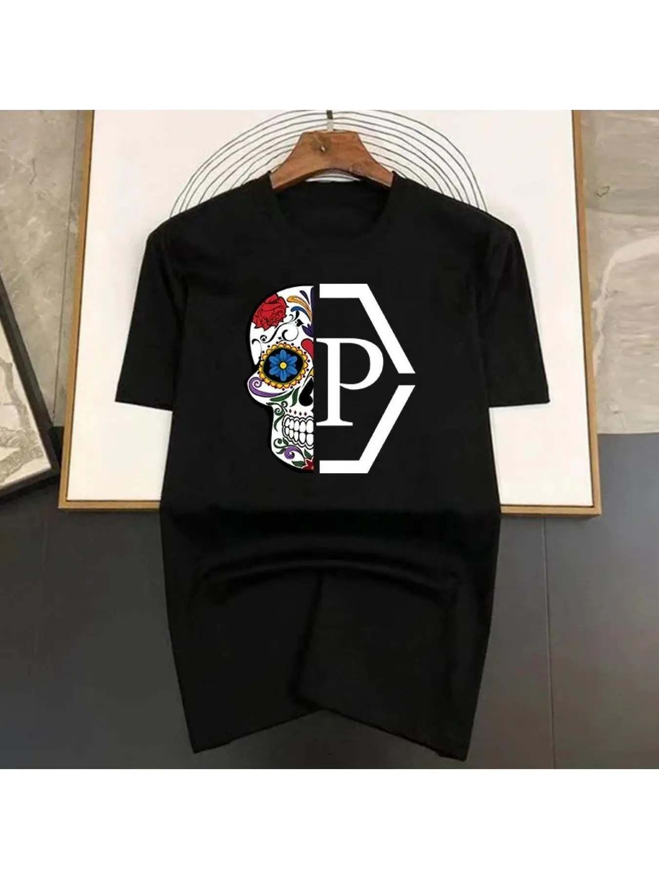Men's Short-Sleeve Round Neck Black T-Shirt - Philipp Plein Style, Sugar Skull Patchwork Logo, Loose Fit, Casual Streetwear, Unique Design, Couple-Suitable Youthful Top, Shortsleeve, Tshirt