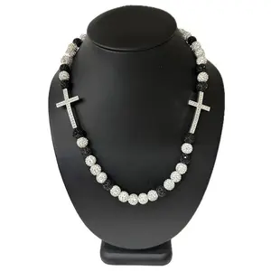 Iced Disco Ball Crystal Bead Baseball Necklace w/ Cross Black Silver