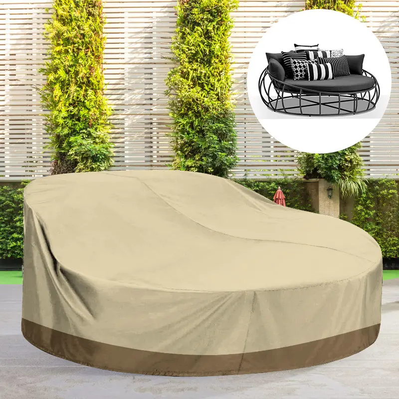 SunPatio 88" Round Heavy-Duty Daybed Cover - All-Weather Elastic Sofa Slipcover, Durable Polyester Fabric, Beige, Secure-Fit Outdoor Canopy Furniture Protector