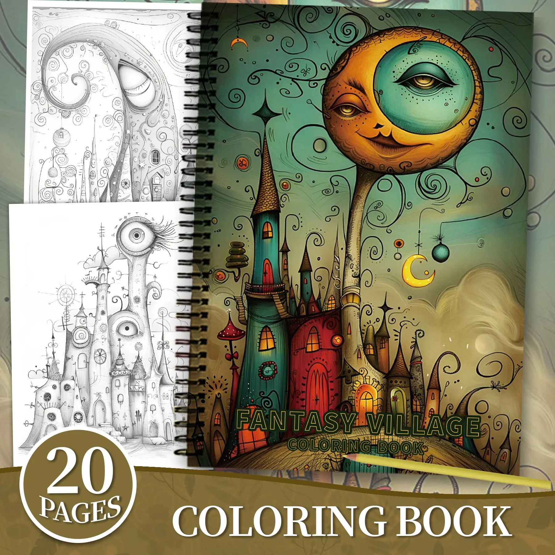 A coloring book about a fantastical village, featuring Watercolor painting, fairytale houses hand-drawn, 20 pages on A4 thick paper, covering nature, animals, and fantastical scenes, a gift for Christmas, Thanksgiving