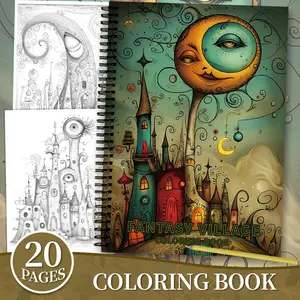 A coloring book about a fantastical village, Fantasy village, featuring fairytale houses hand-drawn, 20 pages on A4 thick paper, covering nature, animals, and fantastical scenes, a gift for Christmas, Thanksgiving, and other holiday occasions