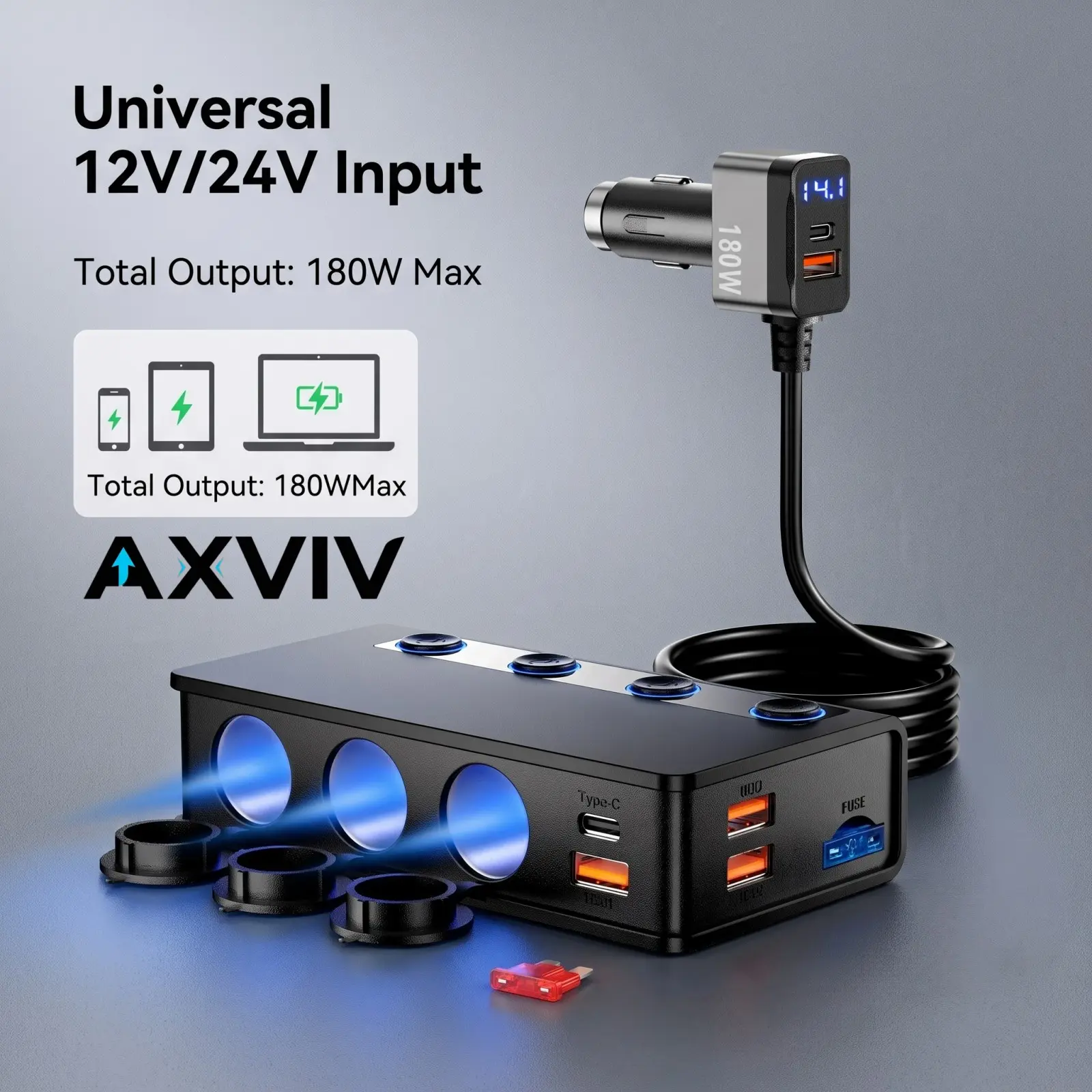 180W Car Power Socket – 3-Socket Car Adapter with PD 65W/36W & Quad QC3.0 18W Fast Ports, Independent Power Switches, Fuse Protected Multi-Device Fast Charging Station for Laptops, Dash Cam & 12V/24V Auto Devices by AXVIV