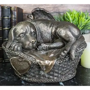 Angel Labrador Dog Sleeping In Wicker Basket Cremation Urn Pet Memorial Statue
