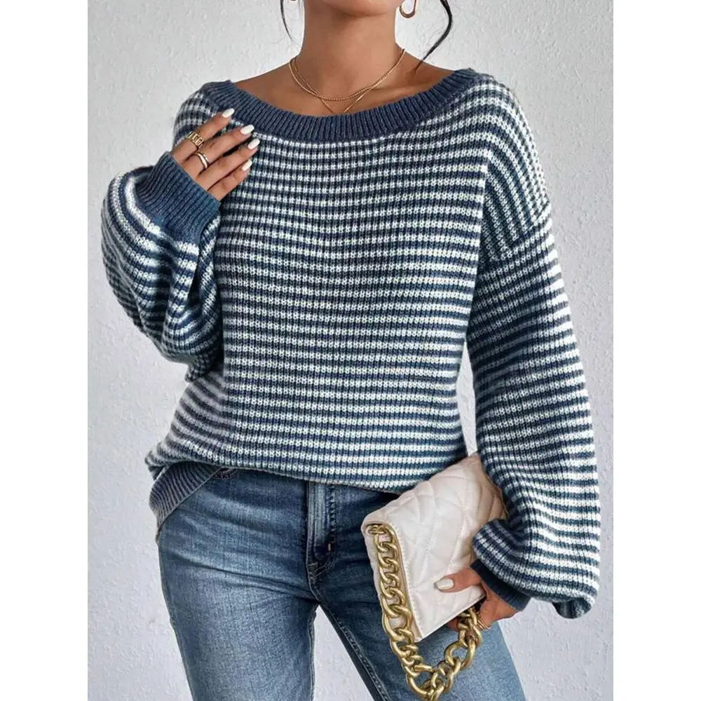 Women's Fall Striped Off-The-Shoulder Oversized Cable Knit Pullover - Soft Polyester Fabric, Lightweight Drop Shoulder, Loose Long Sleeve, Chic Crewneck, Casual Comfy Jumper Tops for Outfits with Jeans, Skirt, Knitwear, Stretchy, Longsleeves, Sweaters, Lo